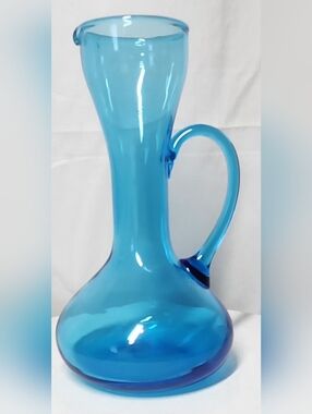 Vintage Blue Hand Blown Art Glass Pitcher Vase Decanter Mid Century Modern 7"